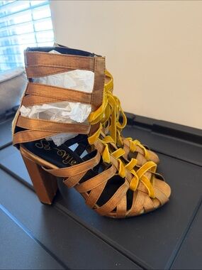Strappy Brown and Yellow Block Heel Sandals